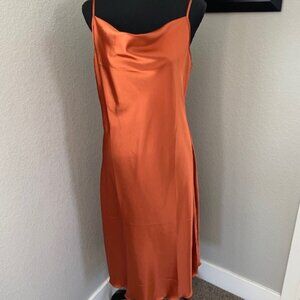 Beautiful COPPER Silky Satin Draped Neck Strappy Midi Cocktail Dress - Medium